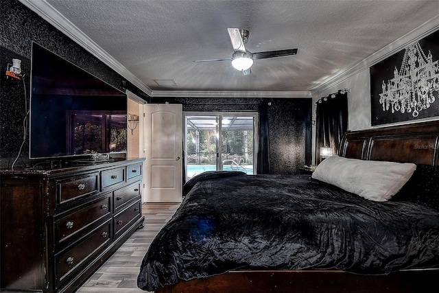 bedroom with crown molding, access to exterior, and light wood-type flooring