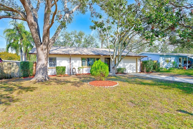 single story home featuring stucco siding, driveway, a front yard, and an attached garage