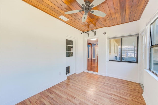 unfurnished room featuring visible vents, a ceiling fan, light wood-style floors, wooden ceiling, and baseboards
