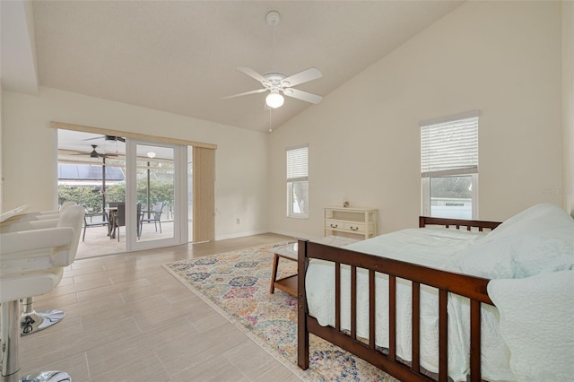 bedroom with ceiling fan, high vaulted ceiling, and access to outside