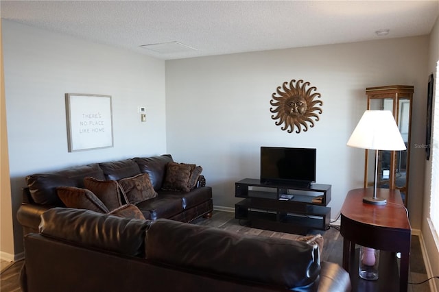 living room with wood-type flooring and a textured ceiling