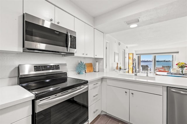 kitchen with white cabinetry, sink, wood-type flooring, and appliances with stainless steel finishes