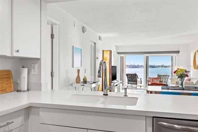 kitchen with white cabinetry, sink, a textured ceiling, and dishwasher