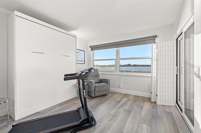 exercise room with a water view and light hardwood / wood-style flooring