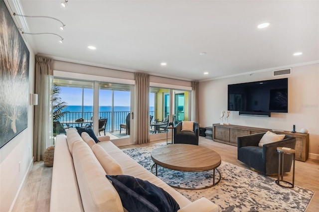 living room featuring crown molding and light hardwood / wood-style flooring