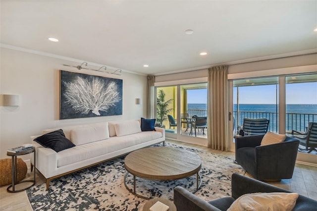 living room with ornamental molding, a water view, and light wood-type flooring