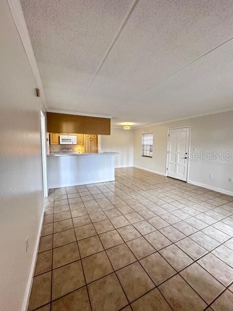 unfurnished living room featuring light tile patterned flooring, crown molding, and a textured ceiling