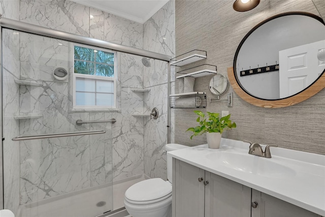 bathroom featuring tile walls, decorative backsplash, vanity, an enclosed shower, and toilet