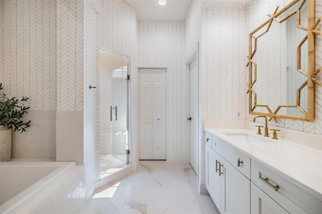 bathroom featuring vanity and plus walk in shower