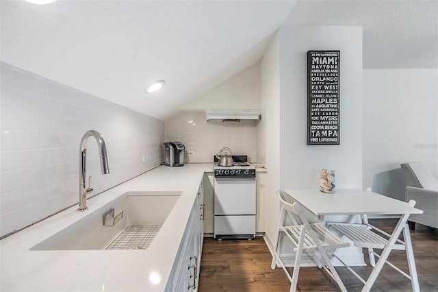 kitchen with vaulted ceiling, dark hardwood / wood-style floors, sink, decorative backsplash, and white range