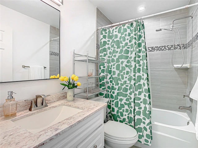 full bathroom with vanity, shower / bathtub combination with curtain, and toilet