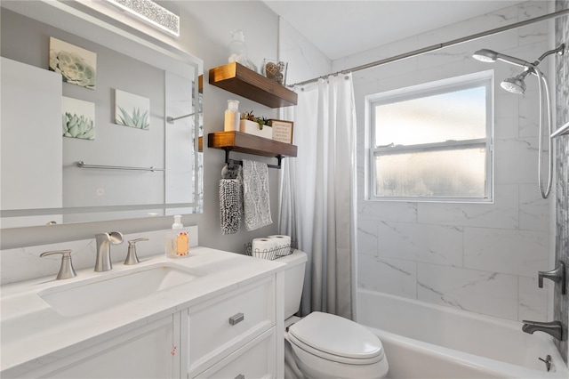 full bathroom with shower / tub combo with curtain, vanity, and toilet