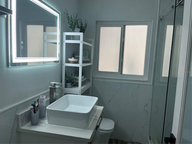 bathroom with vanity, toilet, and walk in shower