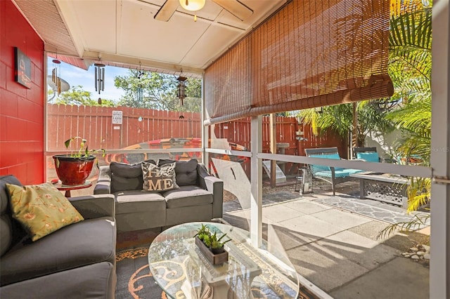 view of patio featuring an outdoor hangout area and ceiling fan