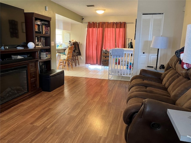 living room featuring wood-type flooring and a textured ceiling