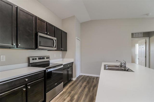 kitchen featuring lofted ceiling, appliances with stainless steel finishes, dark hardwood / wood-style flooring, and sink