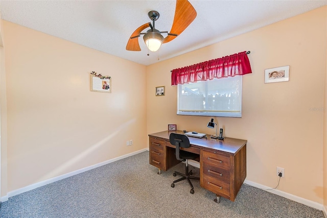 office featuring ceiling fan and light colored carpet