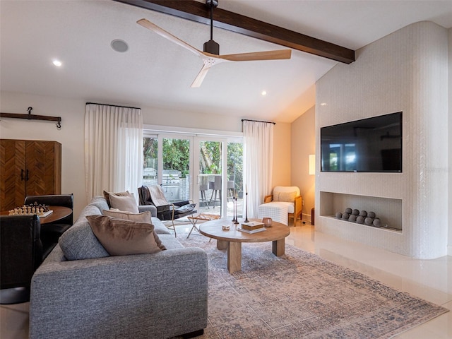 living room featuring vaulted ceiling with beams and ceiling fan