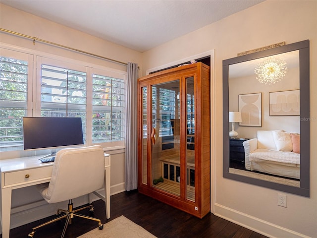 home office featuring dark hardwood / wood-style floors