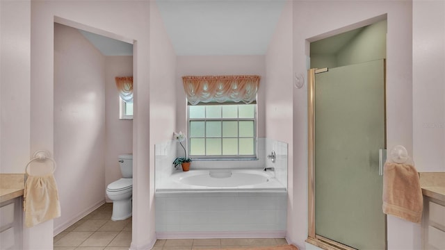 full bath with vanity, toilet, a stall shower, a bath, and tile patterned flooring