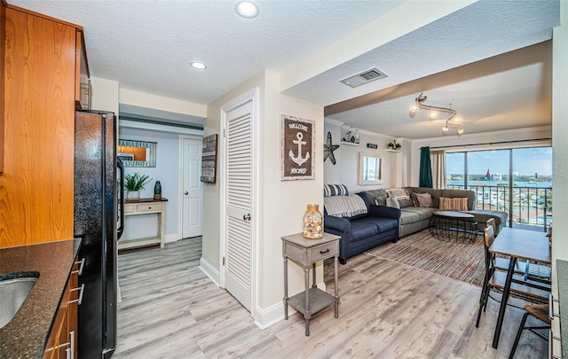 living room featuring a textured ceiling and light hardwood / wood-style flooring