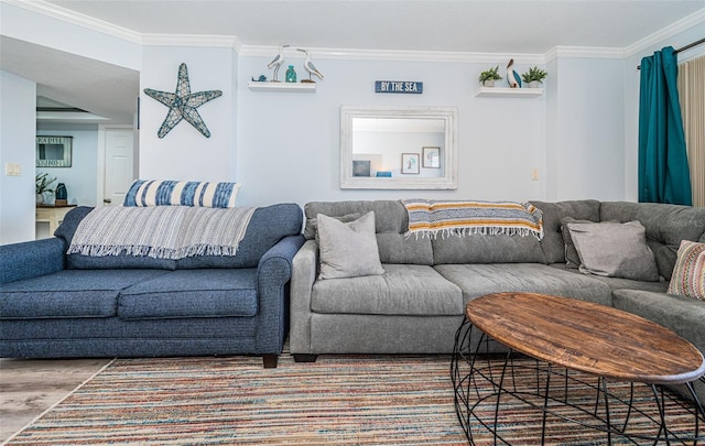 living room featuring ornamental molding and wood-type flooring