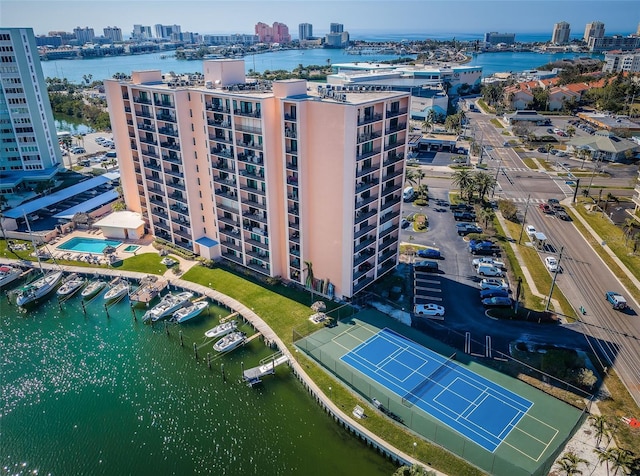 drone / aerial view with a water view