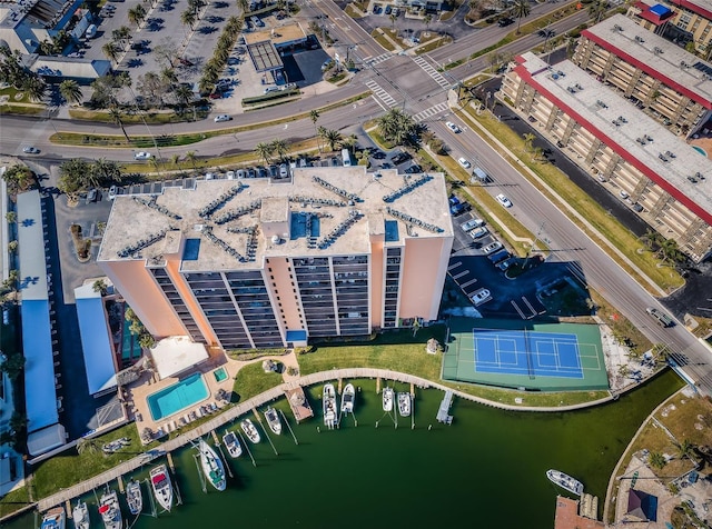 birds eye view of property featuring a water view