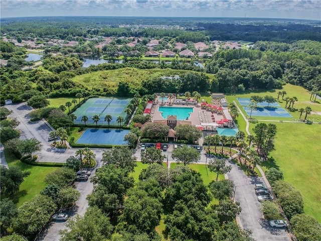 bird's eye view with a water view