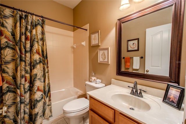 full bathroom featuring shower / bathtub combination with curtain, vanity, tile patterned floors, and toilet