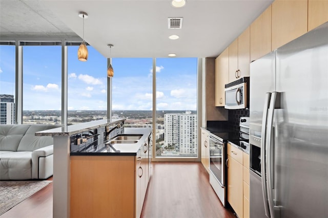 kitchen featuring dark hardwood / wood-style floors, sink, decorative backsplash, hanging light fixtures, and stainless steel appliances