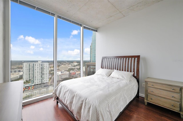 bedroom featuring dark hardwood / wood-style floors and expansive windows