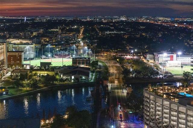 bird's eye view with a water view