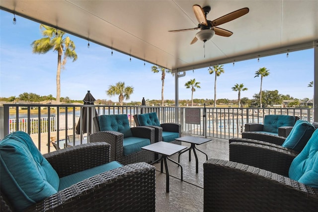 view of patio featuring an outdoor living space, a balcony, and ceiling fan