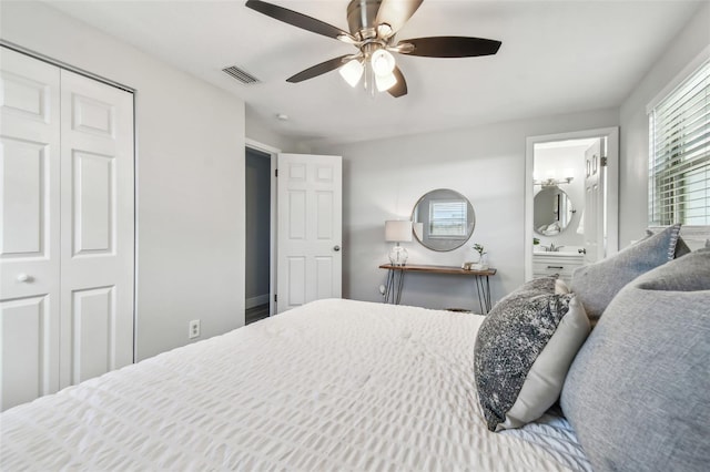 bedroom featuring ensuite bathroom, ceiling fan, and a closet