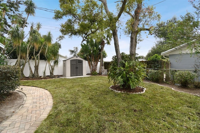 view of yard featuring a storage shed