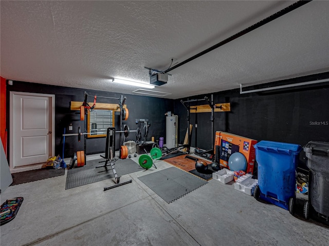 garage featuring a garage door opener and water heater