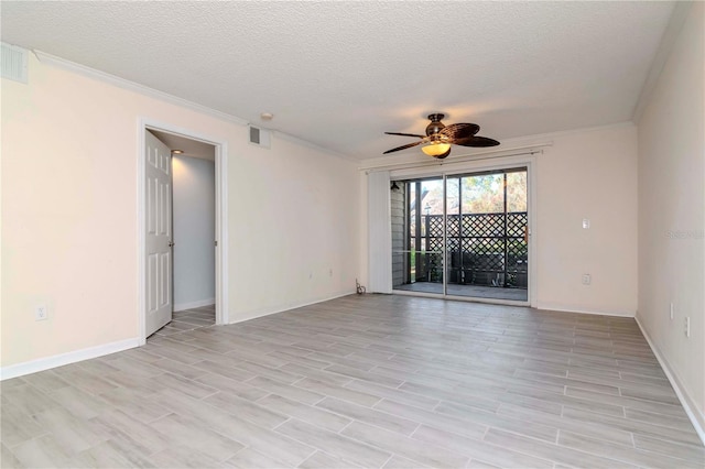 unfurnished room with ceiling fan, crown molding, light hardwood / wood-style floors, and a textured ceiling