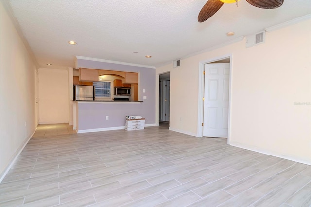 unfurnished living room featuring ceiling fan, crown molding, light hardwood / wood-style floors, and a textured ceiling