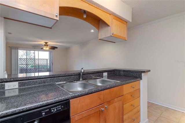 kitchen featuring sink, crown molding, light tile patterned floors, dishwasher, and ceiling fan