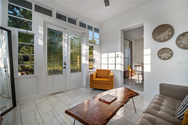 living room featuring ceiling fan