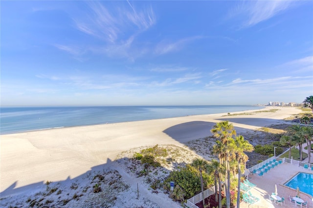 property view of water featuring a beach view