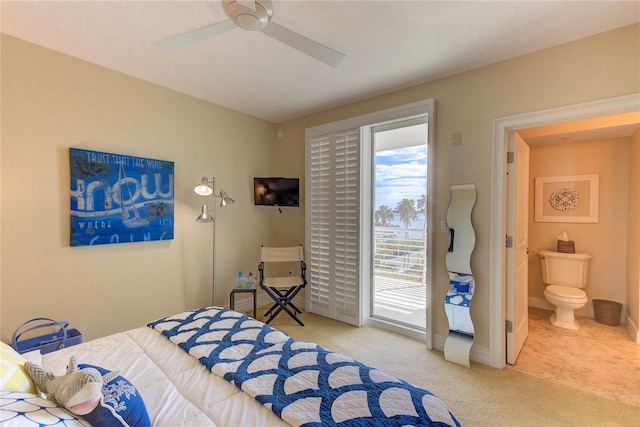 bedroom with ceiling fan, carpet flooring, and access to outside