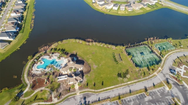 drone / aerial view featuring a water view