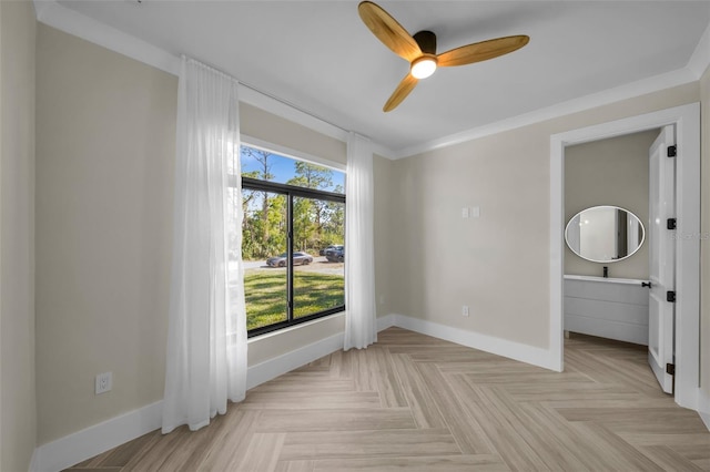 unfurnished bedroom with crown molding, ceiling fan, and light parquet floors