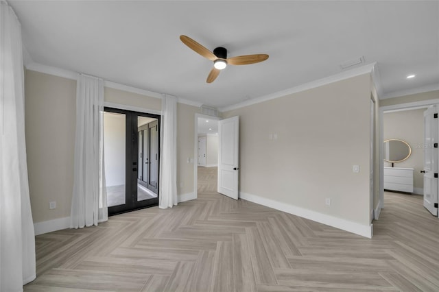 unfurnished room featuring ceiling fan, crown molding, french doors, and light parquet flooring