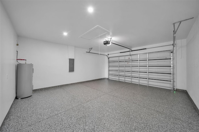 garage featuring a garage door opener, electric panel, and water heater