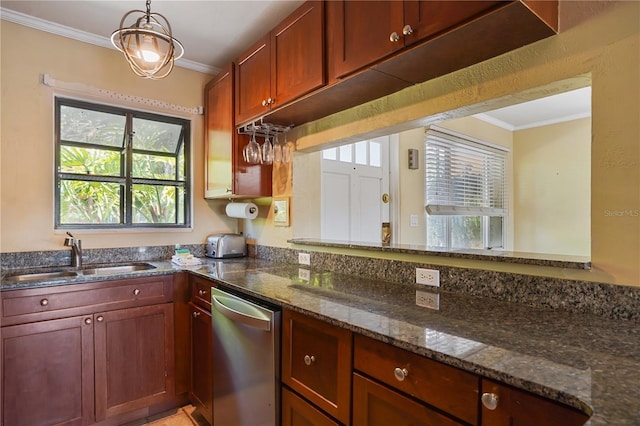 kitchen featuring stainless steel dishwasher, sink, dark stone countertops, and crown molding