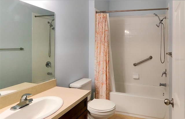 bathroom featuring toilet, shower / bathtub combination with curtain, and vanity