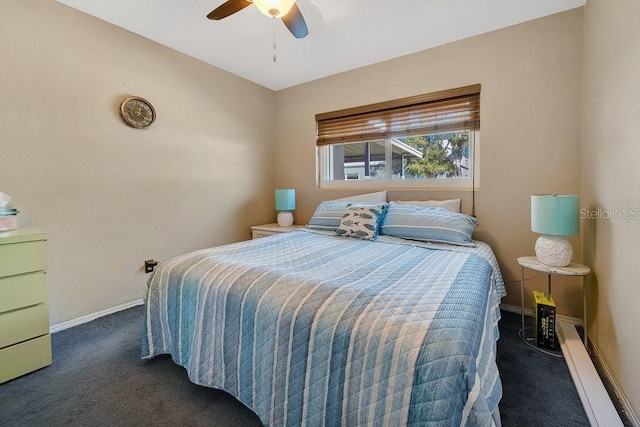 bedroom with ceiling fan and dark colored carpet